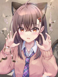 Rule 34 | 1girl, ahoge, animal ear fluff, animal ears, black hairband, blush, brown eyes, brown hair, brown sweater, cat ears, claw pose, collared shirt, commentary request, diagonal-striped clothes, diagonal-striped necktie, dress shirt, earrings, fake animal ears, fangs, hair between eyes, hair ornament, hairband, hairclip, hands up, jewelry, long hair, long sleeves, looking at viewer, maruma (maruma gic), necktie, original, parted lips, puffy long sleeves, puffy sleeves, school uniform, shirt, solo, striped clothes, stud earrings, sweat, sweater, upper body, wavy mouth, white shirt