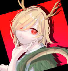 Rule 34 | 1girl, antlers, blonde hair, blurry, blurry foreground, commentary request, depth of field, dragon horns, dragon tail, drop shadow, eyes visible through hair, gradient background, hair over one eye, hand on own face, hand up, highres, horns, kicchou yachie, light smile, looking at viewer, parted lips, red background, red eyes, short hair, simple background, solo, swept bangs, tail, teeth, touhou, turtle shell, zasco fox