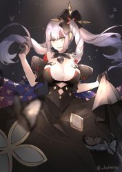 Rule 34 | 1girl, a ching, bare shoulders, black background, black dress, black gloves, breasts, bug, butterfly, cleavage, dark persona, dress, fate/grand order, fate (series), gloves, hair ornament, highres, insect, large breasts, long hair, looking at viewer, marie antoinette (alter) (fate), marie antoinette (fate), pale skin, silver hair, smile, twintails, very long hair, yellow eyes