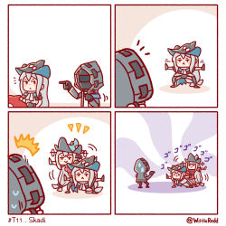 Rule 34 | 1other, 2girls, 4koma, :&lt;, ambiguous gender, aqua headwear, arknights, ascot, black ascot, black coat, black jacket, chibi, clothing cutout, coat, comic, commentary, detached sleeves, doctor (arknights), dress, dual persona, english commentary, grey hair, hair between eyes, helm, helmet, highres, hood, hood up, hooded coat, hooded jacket, jacket, long hair, long sleeves, multiple girls, navel cutout, official alternate costume, outstretched arms, pointing, pointy hat, red dress, red eyes, silent comic, skadi (arknights), skadi the corrupting heart (arknights), stuffed animal, stuffed toy, sweatdrop, twitter username, very long hair, wittle red