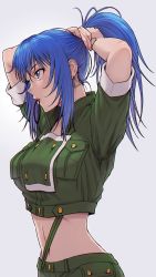 Rule 34 | 1girl, adjusting hair, arms up, blue eyes, blue hair, breasts, cropped jacket, earrings, hair tie, hair tie in mouth, highres, jewelry, large breasts, leona heidern, lips, long hair, midriff, mouth hold, nigou, solo, suspenders, the king of fighters, tying hair