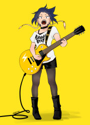 Rule 34 | 10s, 1girl, 3584mha, bad id, bad pixiv id, black shorts, blue hair, boku no hero academia, boots, casual, choker, ear piercing, earplugs, electric guitar, full body, gibson les paul, guitar, highres, instrument, jirou kyouka, looking at viewer, open mouth, pantyhose, piercing, shirt, short sleeves, shorts, simple background, solo, sweat, t-shirt, teeth, twitter username, wire, yellow background