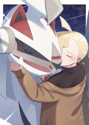 Rule 34 | 1boy, affectionate, ahoge, blonde hair, blush, brown jacket, brown sweater, closed eyes, commentary request, creatures (company), ear piercing, game freak, gen 7 pokemon, gladion (pokemon), highres, jacket, legendary pokemon, long sleeves, male focus, mocacoffee 1001, nintendo, off shoulder, piercing, pokemon, pokemon (creature), pokemon sm, short hair, signature, silvally, sleeves past wrists, sparkle, sweater
