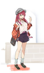 Rule 34 | 1girl, :d, absurdres, bag, blush, brown footwear, commentary request, full body, grey hat, hat, heterochromia, highres, holding strap, hololive, houshou marine, jacket, long hair, long sleeves, looking at viewer, mimizuku (mmiganaru), open clothes, open jacket, open mouth, purple shorts, red eyes, red hair, red jacket, shirt, shoes, shorts, shoulder bag, smile, socks, solo, striped clothes, striped socks, vertical-striped clothes, vertical-striped socks, virtual youtuber, white shirt, yellow eyes