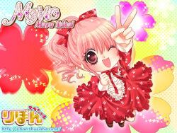 1girl 2000s_(style) archived_source bow dress floral_background foreshortening from_above hair_bow long_hair looking_at_viewer momo_(manga) momo_(momo) official_art official_wallpaper one_eye_closed open_mouth perspective pink_eyes pink_hair ponytail red_bow red_dress ribbon ribon_(shueisha) sakai_mayu solo third-party_source v