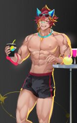 Rule 34 | 1boy, abs, absurdres, bandaid, bara, cup, dark-skinned male, dark skin, disposable cup, eloseu (haribochase), feet out of frame, highres, large pectorals, league of legends, looking at viewer, male focus, muscular, muscular male, navel, nipples, pectorals, red hair, scar, scar on face, scar on nose, sett (league of legends), short hair, short shorts, shorts, smile, solo, standing, stomach, sunglasses, thick eyebrows, topless male