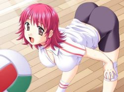 Rule 34 | 1girl, ass, ball, bent over, black shorts, blush, breasts, brown eyes, cleavage, collarbone, female focus, knee pads, large breasts, looking at viewer, mama-san volleyball, open mouth, pink hair, playing sports, shirt, short hair, short sleeves, shorts, skyhouse, smile, socks, source request, sports uniform, sportswear, ubuse chiharu, volleyball, volleyball (object), volleyball uniform, white shirt, white socks