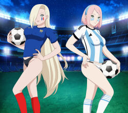Rule 34 | 2022 fifa world cup, 2girls, adidas, argentinian flag, ball, black panties, blonde hair, blue shirt, breasts, cloud, covered erect nipples, darkalx, earrings, facepaint, facial mark, forehead mark, french flag, grass, green eyes, grin, hair over one eye, hairband, hand on own hip, haruno sakura, highres, holding, holding ball, jewelry, long hair, medium breasts, multiple girls, naruto, naruto (series), night, night sky, nike, panties, pink hair, shirt, short hair, short sleeves, sky, smile, soccer, soccer ball, soccer uniform, sportswear, standing, star (sky), starry sky, striped clothes, striped shirt, teeth, underwear, white panties, white shirt, world cup, yamanaka ino