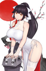 Rule 34 | 1girl, azur lane, bare shoulders, black hair, breasts, brown eyes, china dress, chinese clothes, dress, garter belt, hair ribbon, highres, large breasts, leaning forward, long hair, looking at viewer, ribbon, rising sun flag, simple background, smile, solo, sunburst, takao (azur lane), takao (the lessons of spring) (azur lane), thighhighs, thighs, tree, unsomnus, very long hair, white background, white dress, white ribbon