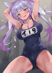 Rule 34 | 1girl, armpits, bare arms, bare legs, bare shoulders, blue one-piece swimsuit, blush, breasts, cleavage, covered navel, heart, highres, i-19 (kancolle), kantai collection, large breasts, long hair, mizuta kenji, name tag, one-hour drawing challenge, one-piece swimsuit, open mouth, purple hair, red eyes, school swimsuit, smile, solo, spread legs, star-shaped pupils, star (symbol), swimsuit, symbol-shaped pupils, tri tails