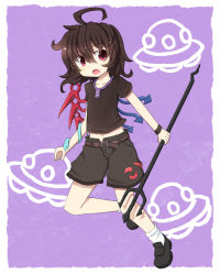 Rule 34 | 1girl, adapted costume, asymmetrical wings, bad id, bad pixiv id, brown hair, female focus, flat chest, fuuen (akagaminanoka), houjuu nue, open mouth, polearm, purple background, purple eyes, short hair, shorts, solo, touhou, trident, ufo, weapon, wings