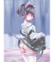 Rule 34 | 1girl, aftersex, animal ears, ass, blush, covered erect nipples, cowboy shot, cum, cum on ass, dress, grey dress, grey hair, kneeling, long sleeves, looking at viewer, looking back, mouse ears, mouse tail, namauni, nazrin, panties, panty pull, pink eyes, shirt, solo, tail, thighhighs, touhou, underwear, white thighhighs