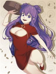 Rule 34 | 1girl, anura (whrhkdxod), bell, breasts, china dress, chinese clothes, cleavage, cleavage cutout, clothing cutout, double bun, dress, hair bell, hair ornament, highres, jingle bell, long hair, medium breasts, open mouth, purple eyes, purple hair, ranma 1/2, red dress, red footwear, shampoo (ranma 1/2), shoes, smile, solo, very long hair