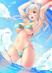 Rule 34 | 1girl, ;d, armpits, arms up, bad id, bad twitter id, ball, bare arms, bare legs, bare shoulders, beachball, bikini, blue sky, blush, bracelet, breasts, cloud, cloudy sky, commentary request, cowboy shot, day, gluteal fold, groin, hair ornament, highres, holding, holding ball, jewelry, large breasts, legs apart, light rays, long hair, navel, one eye closed, open mouth, orange eyes, original, orochi itto, outdoors, partially submerged, ponytail, sidelocks, silver hair, sky, smile, solo, standing, stomach, striped bikini, striped clothes, sunlight, swimsuit, teeth, underboob, upper teeth only, wading, water, water drop
