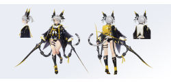 Rule 34 | 1girl, absurdres, black legwear, cat tail, charles (106858), clothing request, copyright request, earrings, eyepatch, from side, full body, grey background, hair ornament, highres, jewelry, multiple views, school uniform, serafuku, shoes, silver hair, simple background, standing, sword, tagme, tail, thighs, weapon, weapon request, white background, yellow eyes