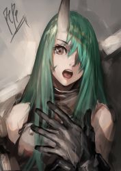 Rule 34 | 1girl, absurdres, arknights, brown eyes, gloves, green hair, highres, horns, hoshiguma (arknights), long hair, looking at viewer, open mouth, peperon (peperou), single horn, skin-covered horns, solo