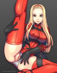 Rule 34 | 1girl, black gloves, blonde hair, blue eyes, breasts, clitoris, clothing aside, covered erect nipples, elbow gloves, gloves, hairband, headband, holster, konami, large breasts, leg lift, legs, long hair, long legs, looking at viewer, metal gear (series), metal gear acid, metal gear acid 2, no bangs, panties, panties aside, pussy, red thighhighs, ribbed sweater, solo, spread legs, sweater, thick thighs, thighhighs, thighs, uncensored, underwear, utilizator, venus (mga), white panties, zipper
