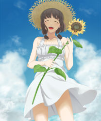 Rule 34 | 1girl, amagami, brown hair, carrying, closed eyes, cloud, day, dress, flower, from below, happy, hat, sky, smile, solo, standing, straw hat, sundress, sunflower, tanaka keiko (amagami), toki (tokihakashi), wind