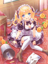 Rule 34 | 1girl, apron, black dress, blonde hair, blue eyes, boots, bow, breasts, brown footwear, bucket, carpet, cleavage, crying, curtains, daisy, dress, flower, frilled apron, frilled dress, frills, fringe trim, high heel boots, high heels, highres, indoors, light particles, long hair, looking at viewer, maid, maid apron, maid headdress, moe2016, on floor, open mouth, original, signature, sitting, solo, spill, sunlight, table, tablecloth, tearing up, thighhighs, twintails, vase, water, wavy mouth, wet, white thighhighs, wrist cuffs, zenyu