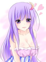 Rule 34 | 1girl, asn s, babydoll, bad id, bad pixiv id, bare shoulders, blue ribbon, blush, breasts, cleavage, crescent, hair ornament, heart, large breasts, long hair, looking at viewer, no headwear, no headwear, open mouth, patchouli knowledge, purple eyes, purple hair, red ribbon, ribbon, smile, solo, touhou, upper body, very long hair