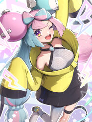 Rule 34 | 1girl, absurdres, aqua hair, bare shoulders, bow-shaped hair, breasts, creatures (company), eyelashes, game freak, gonzarez, hair ornament, happy, highres, iono (pokemon), long hair, looking at viewer, multicolored hair, nintendo, one eye closed, open mouth, oversized clothes, pink hair, pokemon, pokemon sv, purple eyes, sharp teeth, sleeves past fingers, sleeves past wrists, small breasts, smile, solo, teeth, thigh strap, twintails, two-tone hair