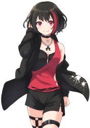 Rule 34 | 1girl, arm at side, asymmetrical clothes, bang dream!, black choker, black hair, black jacket, black shorts, blush, buckle, chain necklace, choker, collarbone, cowboy shot, eyeliner, hand in own hair, hand up, highres, jacket, jewelry, long sleeves, looking at viewer, makeup, mitake ran, necklace, off shoulder, open clothes, open jacket, pendant, pink eyes, red hair, short hair, shorts, side slit, simple background, single bare shoulder, solo, standing, tareme, thigh strap, tsukiman, white background