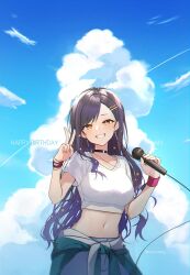 1girl blue_sky breasts cherrymeing choker cleavage cloud day grin hair_ornament hairclip highres holding jewelry large_breasts long_hair looking_at_viewer microphone midriff navel outdoors project_sekai shiraishi_an shirt short_sleeves skirt sky smile solo v white_shirt