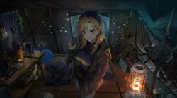 Rule 34 | 1girl, absurdres, backpack, bag, blonde hair, blue eyes, blue headwear, blue sweater, blush, brown coat, camping, camping chair, chair, coat, folding chair, folding table, from above, hand in pocket, highres, hotpot, lantern, long hair, original, portable stove, pot, sleeping bag, smile, squirrel, standing, stove, sweater, table, tent, thermos, uthy