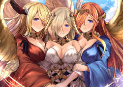Rule 34 | 3girls, badhbh catha, blonde hair, blue eyes, blush, breasts, choker, circlet, cleavage, commentary request, dress, feathers, girl sandwich, granblue fantasy, hair ornament, hair over one eye, holding hands, hand on another&#039;s arm, kanzaki kureha, large breasts, looking at viewer, morrigna, multiple girls, orange hair, sandwiched, siblings, sisters, smile, wings