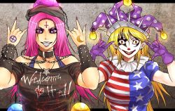 Rule 34 | 2girls, aged up, american flag dress, blonde hair, bracelet, breasts, chain, clothes writing, clownpiece, collar, crazy eyes, crescent, cross, earrings, eyeshadow, facepaint, fangs, grin, hat, hecatia lapislazuli, inverted cross, jester cap, jewelry, large breasts, light bulb, lipstick, long hair, m/, makeup, multiple girls, nail polish, necklace, pink hair, polka dot, puffy sleeves, ryuuichi (f dragon), sharp teeth, smile, spiked bracelet, spikes, star-shaped pupils, star (symbol), symbol-shaped pupils, teeth, touhou