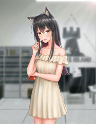 Rule 34 | 1girl, :d, absurdres, alternate costume, animal ear fluff, animal ears, arknights, bare shoulders, beige dress, black hair, blurry, blurry background, blush, breasts, brown eyes, brown hair, collarbone, commentary request, cowboy shot, dress, food, hair between eyes, hand up, highres, holding, holding food, indoors, long hair, looking at viewer, medium breasts, multicolored hair, off-shoulder dress, off shoulder, open mouth, pocky, revision, short dress, sidelocks, smile, solo, standing, texas (arknights), wolf ears, yuyuyu (pixiv19949705)