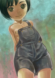 Rule 34 | 1girl, arms behind back, bandaid, bandaids on nipples, black eyes, black hair, collarbone, flat chest, looking at viewer, naked overalls, original, overalls, pasties, short hair, shorts, smile, solo, yutazo 028