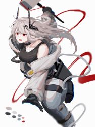 Rule 34 | 1girl, absurdres, arknights, bare shoulders, black choker, black footwear, black gloves, boots, choker, commentary request, floating hair, foot out of frame, gloves, grey hair, hammer, highres, holding, holding hammer, holding weapon, horns, long hair, long sleeves, mudrock (arknights), open mouth, pointy ears, red eyes, simple background, solo, sports bra, weapon, white background, zuo daoxing