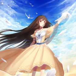 Rule 34 | 1girl, absurdres, animal, arm up, bare shoulders, bird, blue sky, breasts, brown dress, brown hair, cleavage, closed mouth, cloud, copyright request, day, dress, feathers, feet out of frame, floating hair, highres, long hair, maya g, medium breasts, off-shoulder dress, off shoulder, outdoors, red eyes, see-through, signature, sky, solo, standing, very long hair, white feathers