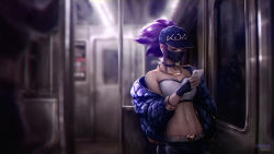 Rule 34 | 1girl, akali, baseball cap, black choker, black gloves, black mask, blouse, blue jacket, blurry, blurry background, breasts, buckle, cellphone, cheesewoo, choker, crop top, fingerless gloves, gloves, gold, hand up, hat, heart, heart-shaped buckle, highres, holding, holding phone, jacket, jewelry, k/da (league of legends), k/da akali, league of legends, long hair, looking at phone, looking down, mask, midriff, mouth mask, navel, neck ring, off shoulder, official alternate costume, phone, ponytail, print headwear, purple hair, shirt, sidelocks, single bare shoulder, small breasts, smartphone, solo, stomach, strapless, train interior, upper body, white shirt