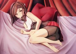 Rule 34 | 10s, 1girl, artist name, bad id, bad pixiv id, barefoot, bed sheet, bike shorts, blush, breasts, brown eyes, brown hair, curtains, dated, hair between eyes, hairband, headgear, highres, kantai collection, looking at viewer, lying, on side, parted lips, pillow, sakurame (hitomebore), sakurame kurame, signature, small breasts, solo, taihou (kancolle), thighs