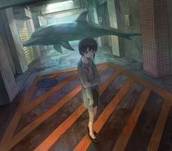 Rule 34 | 1girl, air conditioner, animal, black footwear, black hair, black skirt, brown eyes, brown socks, ceiling light, coat, commentary request, dolphin, green coat, highres, indoors, iwakura lain, kneehighs, long sleeves, looking to the side, manhole, open clothes, open coat, pencil skirt, red shirt, serial experiments lain, shirt, shoes, short hair, skirt, socks, solo, standing, tokunaga akimasa, wing collar