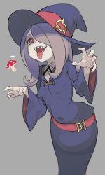 Rule 34 | 1girl, absurdres, collagen, dress, grey background, hair over one eye, hat, highres, little witch academia, long hair, open mouth, pale skin, purple hat, red eyes, sharp teeth, simple background, solo, sucy manbavaran, teeth, wide sleeves, witch, witch hat