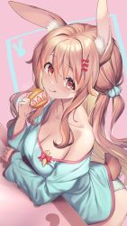Rule 34 | 1girl, :p, animal ear fluff, badge, bow, breasts, cleavage, female focus, food, fruit, hair bow, hair intakes, heart, highres, holding, holding food, looking at viewer, lying, mitake eil, on stomach, original, panties, pastry, pink hair, rabbit ears, rabbit girl, rabbit symbol, rabbit tail, scrunchie, smile, solo, strawberry, tongue, tongue out, two side up, underwear