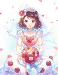 Rule 34 | 10s, 1girl, :d, alternate hairstyle, blue ribbon, blush, bouquet, breasts, bridal veil, bride, brown eyes, brown hair, choker, collarbone, cowboy shot, dress, ekita kuro, elbow gloves, eyebrows, eyelashes, flower, frills, glint, gloves, hair flower, hair ornament, heart, holding, holding bouquet, lace, lace-trimmed gloves, lace trim, lens flare, light particles, looking at viewer, motion blur, open mouth, osoko (osomatsu-san), osomatsu-san, petals, red flower, red rose, ribbon, rose, see-through, short hair, small breasts, smile, solo, swept bangs, veil, wedding dress, white background, white dress