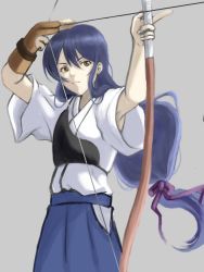 Rule 34 | 1girl, archery, artist name, artist request, blue hair, blue hakama, bow (weapon), female focus, ginga to meiro, hair between eyes, hakama, hakama short skirt, hakama skirt, highres, holding, holding bow (weapon), holding weapon, japanese clothes, kimono, kyuudou, long hair, long sleeves, looking at viewer, love live!, love live! school idol festival, love live! school idol project, low ponytail, skirt, smile, solo, sonoda umi, standing, weapon, yellow eyes