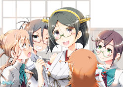 Rule 34 | ahoge, amagiri (kancolle), aqua bow, aqua bowtie, arm warmers, asymmetrical bangs, black hair, blazer, blue-framed eyewear, bow, bowtie, clipboard, commentary request, commission, detached sleeves, double bun, gakuzan, glasses, green-framed eyewear, green eyes, grey-framed eyewear, grey eyes, grey hair, grin, hair between eyes, hair bun, hairband, highres, jacket, japanese clothes, kantai collection, kirishima (kancolle), long hair, long sleeves, looking at viewer, makigumo (kancolle), makigumo kai ni (kancolle), mochizuki (kancolle), okinami (kancolle), okinami kai ni (kancolle), open mouth, pink hair, ponytail, ribbon-trimmed sleeves, ribbon trim, school uniform, short hair, skeb commission, smile, teeth, trait connection, twintails, upper body, upper teeth only, very long hair, yellow eyes