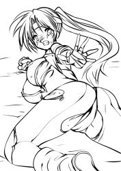 Rule 34 | 1girl, arm up, armpits, breakers, breasts, bursting breasts, clenched teeth, female focus, from behind, headband, jacket, large breasts, leg warmers, leotard, looking at viewer, lying, monochrome, nipples, on stomach, pantyhose, ponytail, simple background, smash daisaku, smile, solo, strapless, strapless leotard, teeth, tia langray, torn clothes, torn pantyhose, white background
