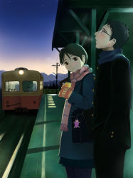 Rule 34 | 1boy, 1girl, black hair, breath, brown eyes, can, glasses, gloves, highres, holding, long sleeves, looking at another, looking up, mimura kaoru, miniskirt, original, outdoors, pleated skirt, scarf, short hair, skirt, sky, train, train station