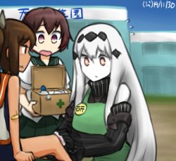 Rule 34 | 10s, 3girls, abyssal ship, aircraft carrier water oni, apron, brown eyes, brown hair, colored skin, detached sleeves, hair ornament, hamu koutarou, i-401 (kancolle), injury, kantai collection, long hair, multiple girls, mutsuki (kancolle), orange eyes, pleated skirt, ponytail, school swimsuit, school uniform, serafuku, short hair, sitting, sketch, skirt, swimsuit, swimsuit under clothes, translation request, wavy mouth, white hair, white skin, worried