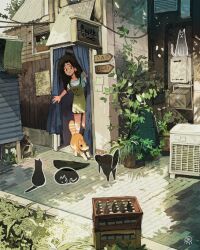 Rule 34 | 1girl, animal, apron, cat, green apron, highres, house, looking at another, orange cat, orange fur, original, plant, potted plant, shirt, sign, simz, stone floor, striped clothes, striped shirt