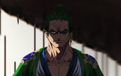 Rule 34 | 1boy, 2021, artist name, closed mouth, collarbone, commentary, earrings, green hair, highres, jewelry, looking at viewer, male focus, one eye closed, one piece, red eyes, roronoa zoro, runin-0, scar, scar across eye, scar on face, short hair, single earring, solo