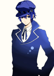 Rule 34 | 1girl, absurdres, alice236, androgynous, atlus, bad id, bad pixiv id, blue eyes, blue hair, blue theme, cabbie hat, crossdressing, derivative work, detective, expressionless, female focus, hair between eyes, hand on own hip, hat, highres, hip focus, looking at viewer, matching hair/eyes, persona, persona 4, reverse trap, shirogane naoto, short hair, solo, wavy hair