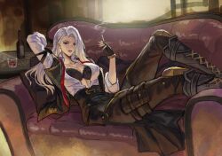 Rule 34 | 1girl, arm behind back, arm up, ashe (overwatch), beer bottle, boots, bra, breasts, cigarette, cleavage, collared shirt, corset, couch, cup, drinking glass, holding, holding cigarette, indoors, jacket, kacyu, large breasts, lips, long hair, long sleeves, looking at viewer, lying, on back, open clothes, open shirt, overwatch, pants, red eyes, shirt, smile, smoke trail, solo, underwear, white hair, white shirt