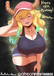 Rule 34 | 1girl, aestheticc-meme, black thighhighs, blonde hair, breasts, cleavage, closed eyes, facing viewer, gradient hair, green hair, hat, highres, horns, huge breasts, kobayashi-san chi no maidragon, lucoa (maidragon), multicolored hair, short shorts, shorts, smile, solo, tank top, thick thighs, thighhighs, thighs